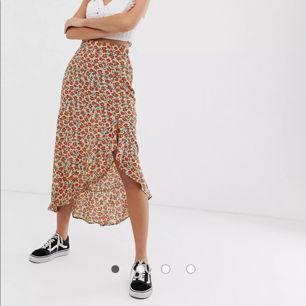 Pull&Bear Floral Midi Skirt - Red and Green